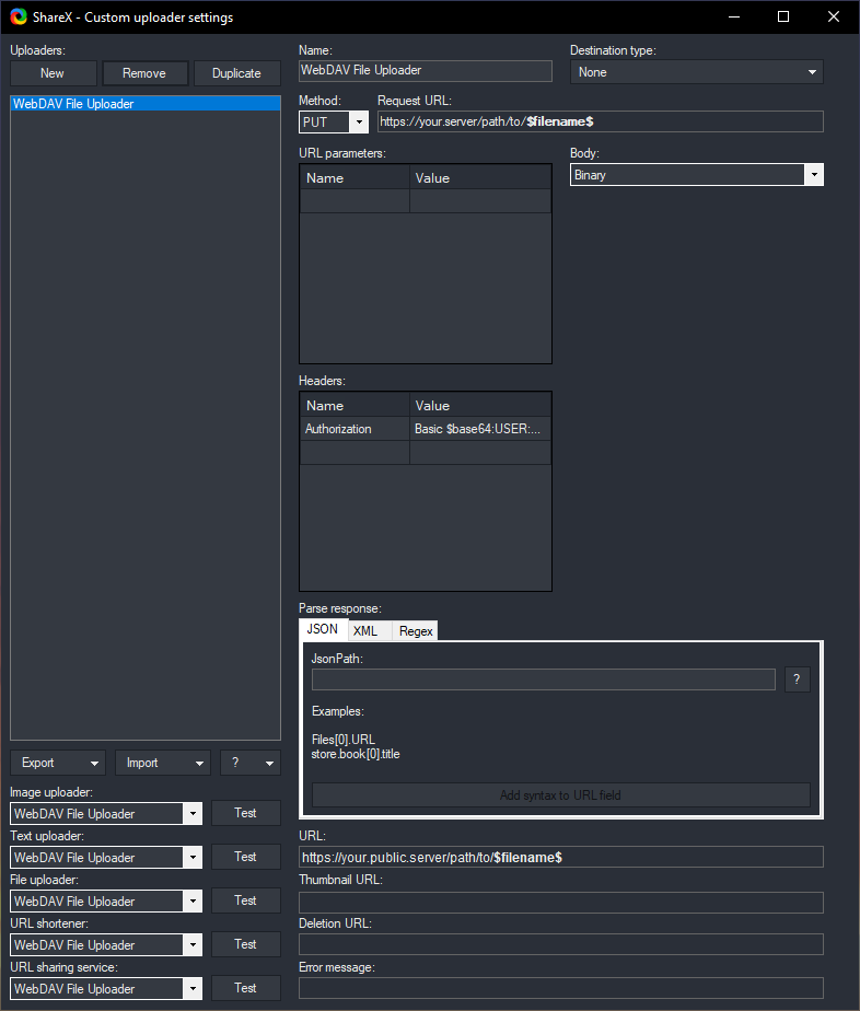 Screenshot of ShareX custom uploader settings as specified above